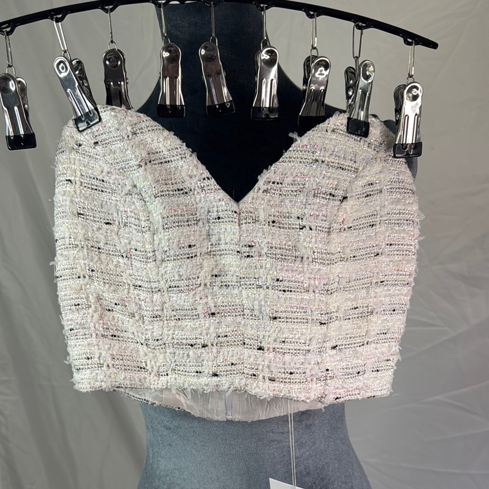 NWT Misa Los Angeles Elegant White Tweed Women's Strapless Crop Top, size xxs